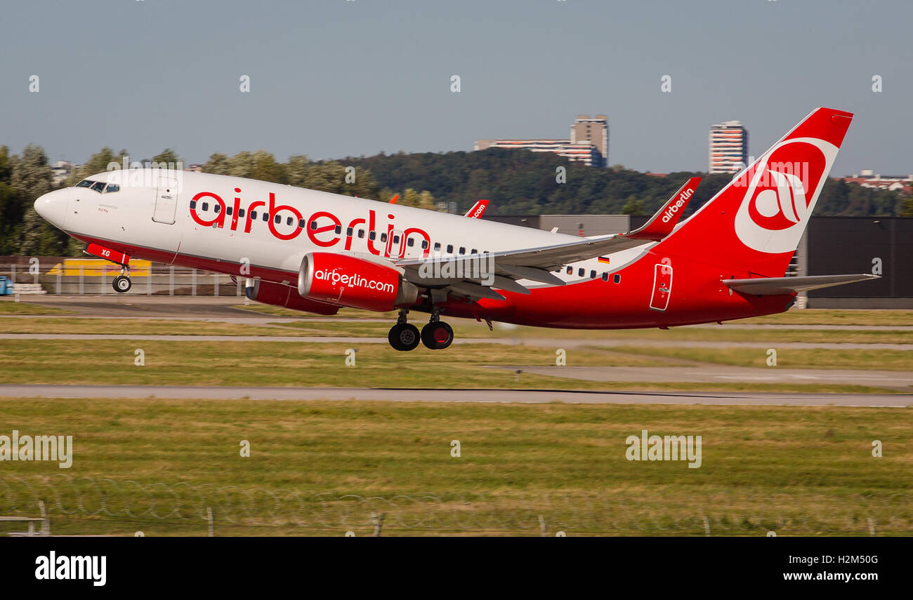 Stuttgart, Germany. 29th Sep, 2016. An airplane of the type Boeing 737-700 of airline Air Berlin takes off in Stuttgart, Germany, 29 September 2016. PHOTO: CHRISTOPH SCHMIDT/dpa/Alamy Live News Stock Photo