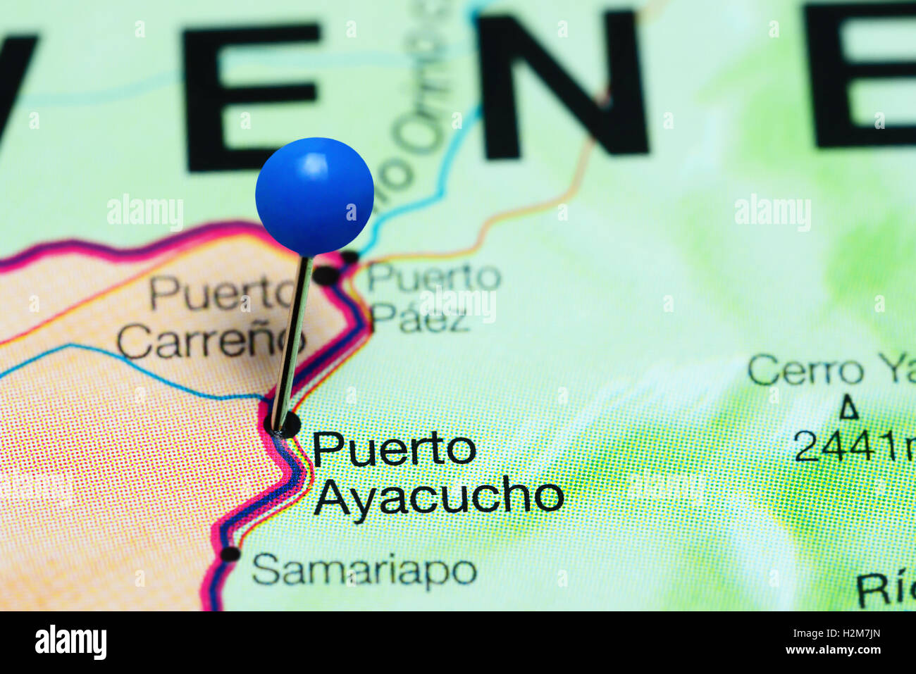 Puerto Ayacucho pinned on a map of Venezuela Stock Photo