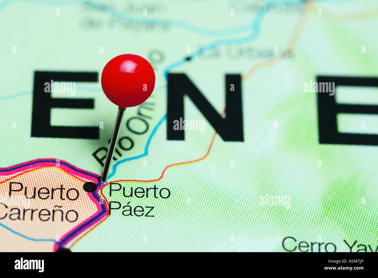 Puerto Paez pinned on a map of Venezuela Stock Photo