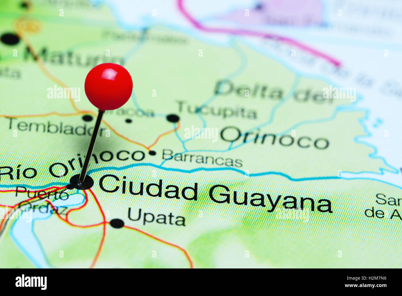 Ciudad Guayana pinned on a map of Venezuela Stock Photo