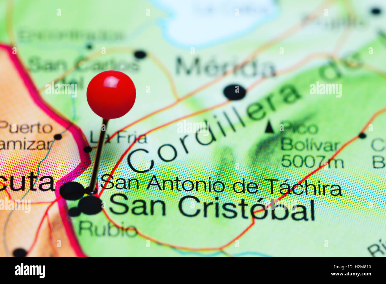 San Antonio de Tachira pinned on a map of Venezuela Stock Photo