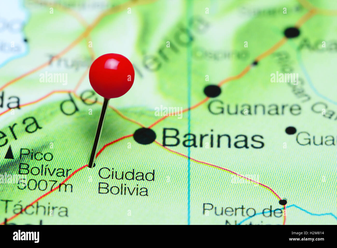 Ciudad Bolivia pinned on a map of Venezuela Stock Photo