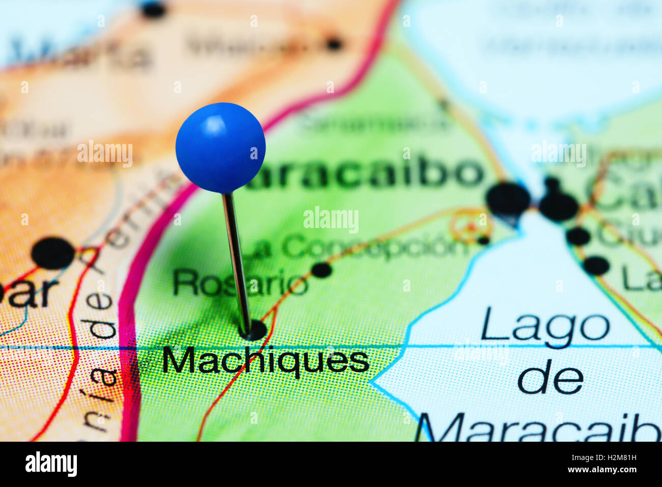 Machiques pinned on a map of Venezuela Stock Photo