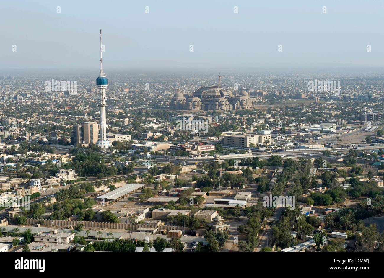 An aerial view of the Al-Rahman mosque and historic area of the city July 20, 2016 in Baghdad, Iraq. Stock Photo
