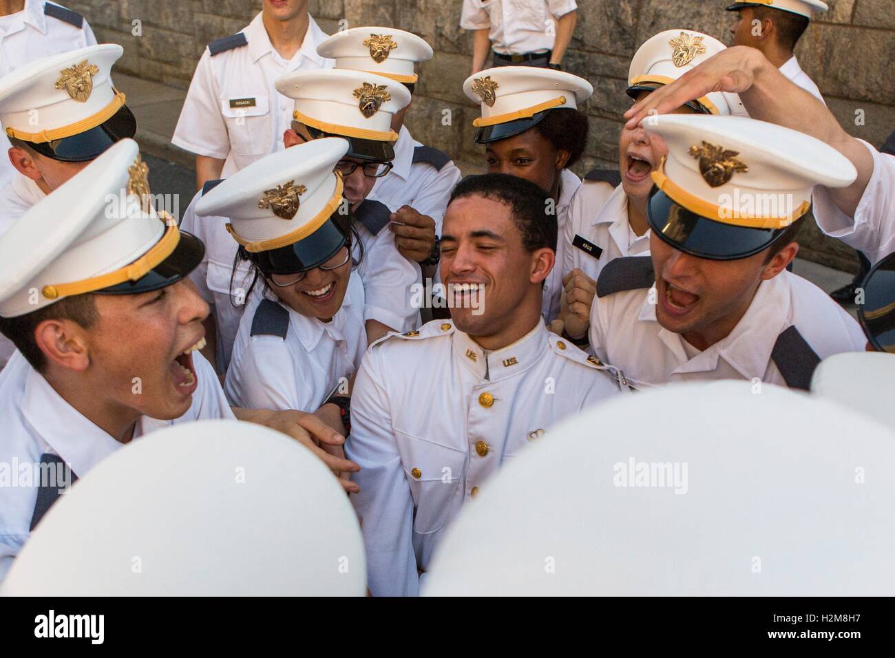 A U.S. Military Academy Class of 2017 senior students celebrate after the annual Ring Ceremony at Trophy Point August 26, 2016 in West Point, New York. Stock Photo
