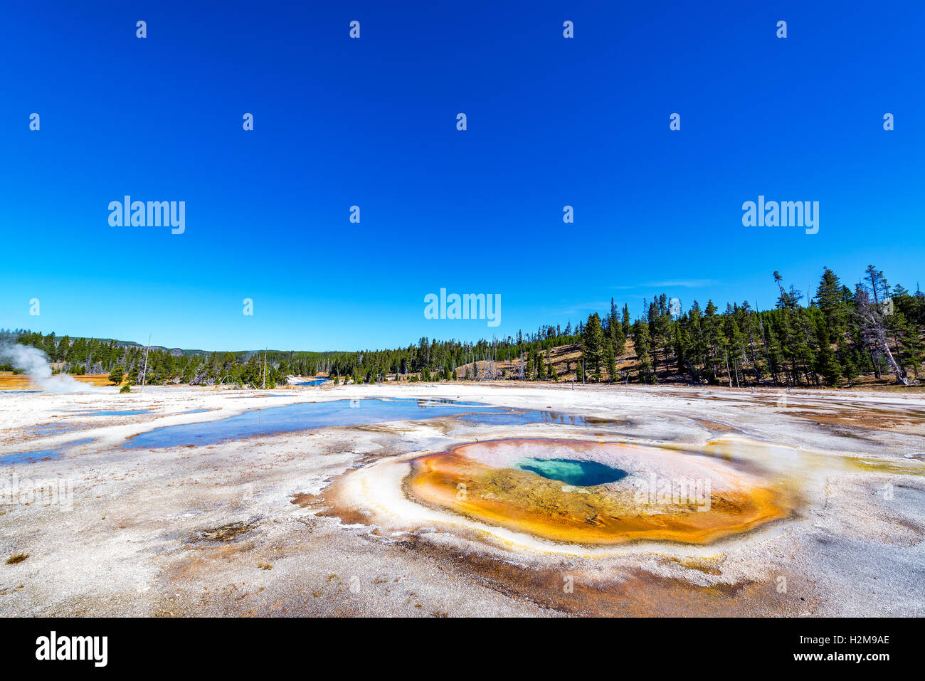 Wide angle view of Chromatic Pool in Yellowstone National Park Stock Photo