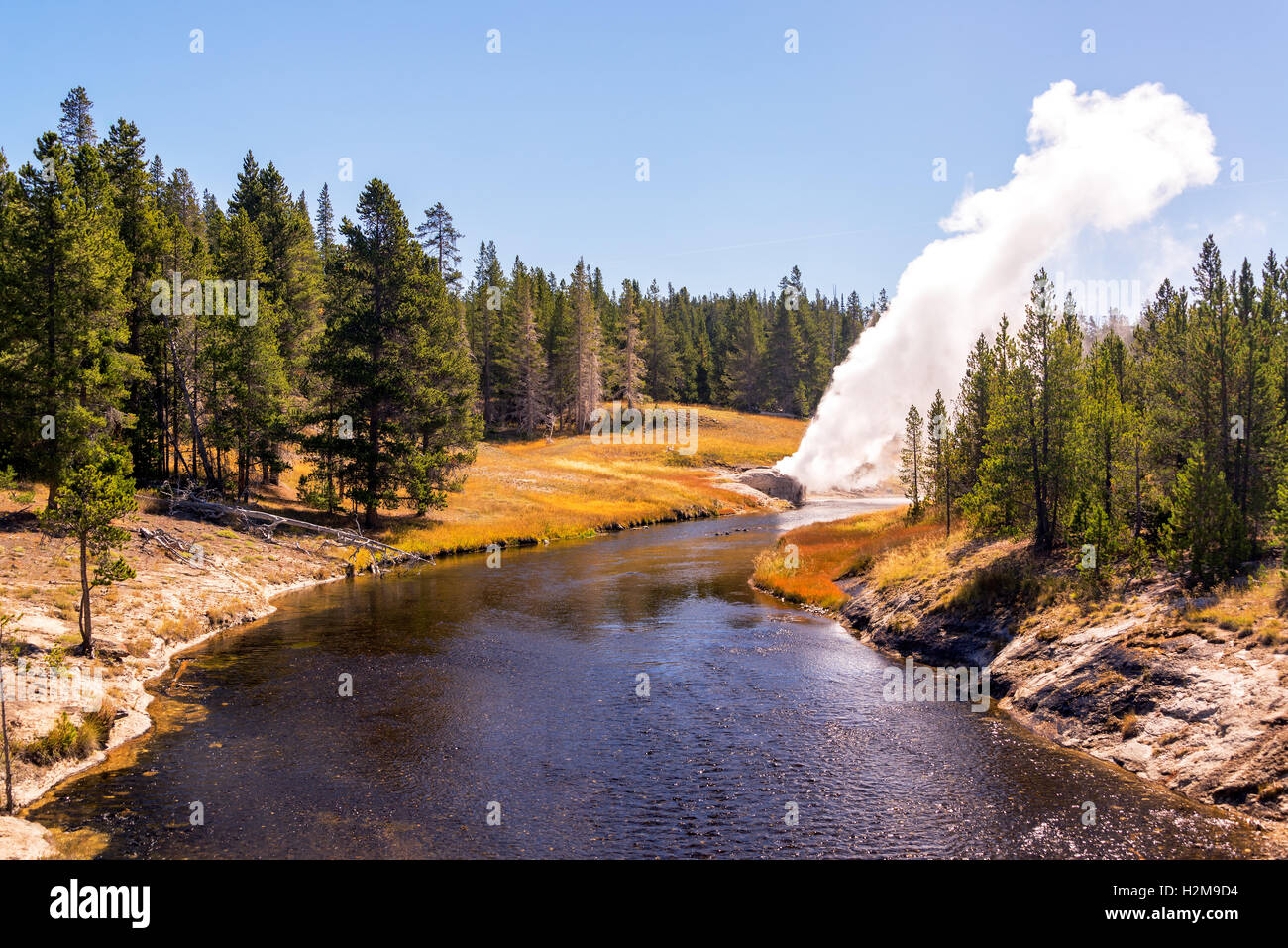View of the Riverside Geyser erupting over the Firehole River in Yellowstone National Park Stock Photo