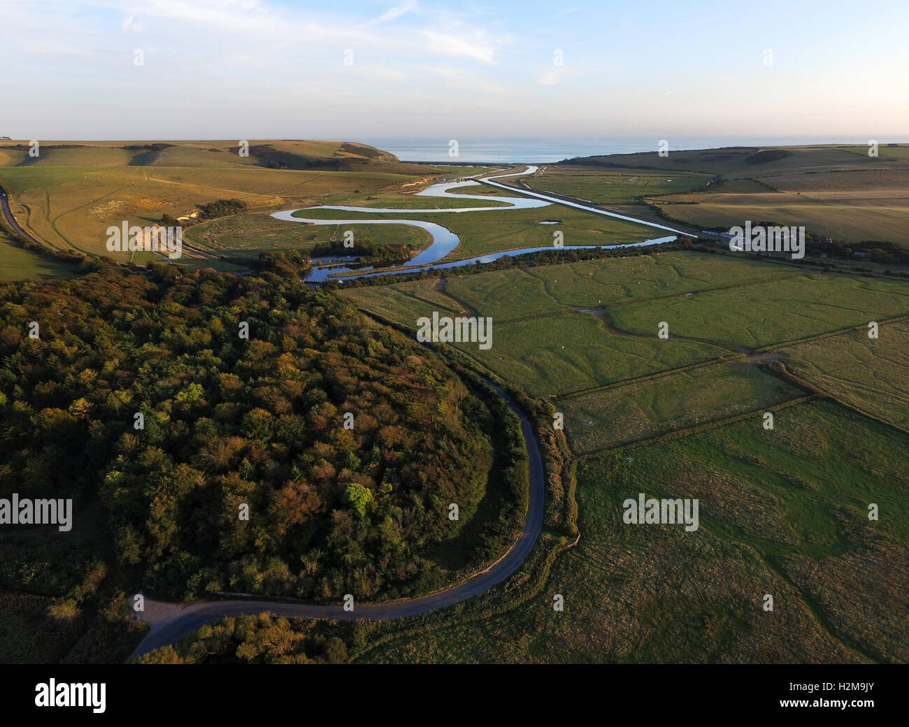 Aerial view of the conic meandering Cuckmere Haven, South Downs National Park, East Sussex Stock Photo