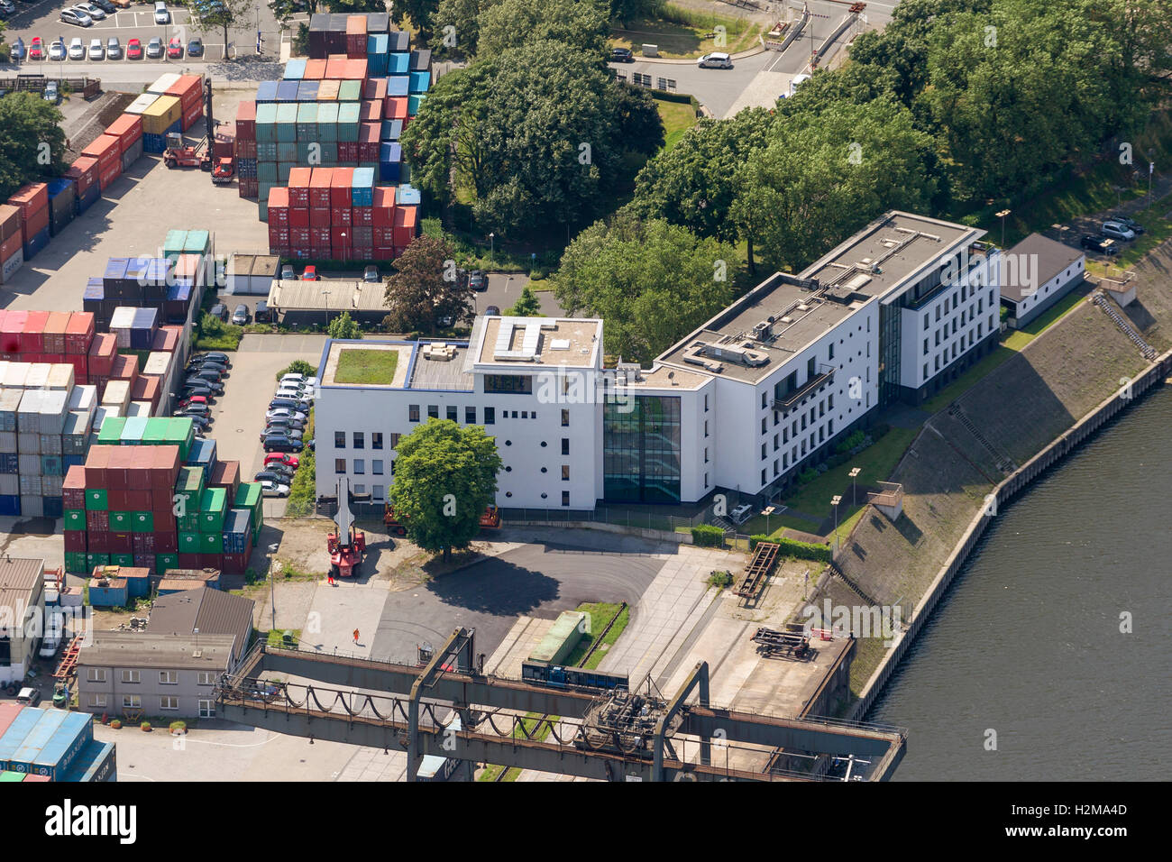 Aerial view, Duisburg harbor, inland port, port authority Duisport, administrative headquarters, Duisport, Aerial view Stock Photo