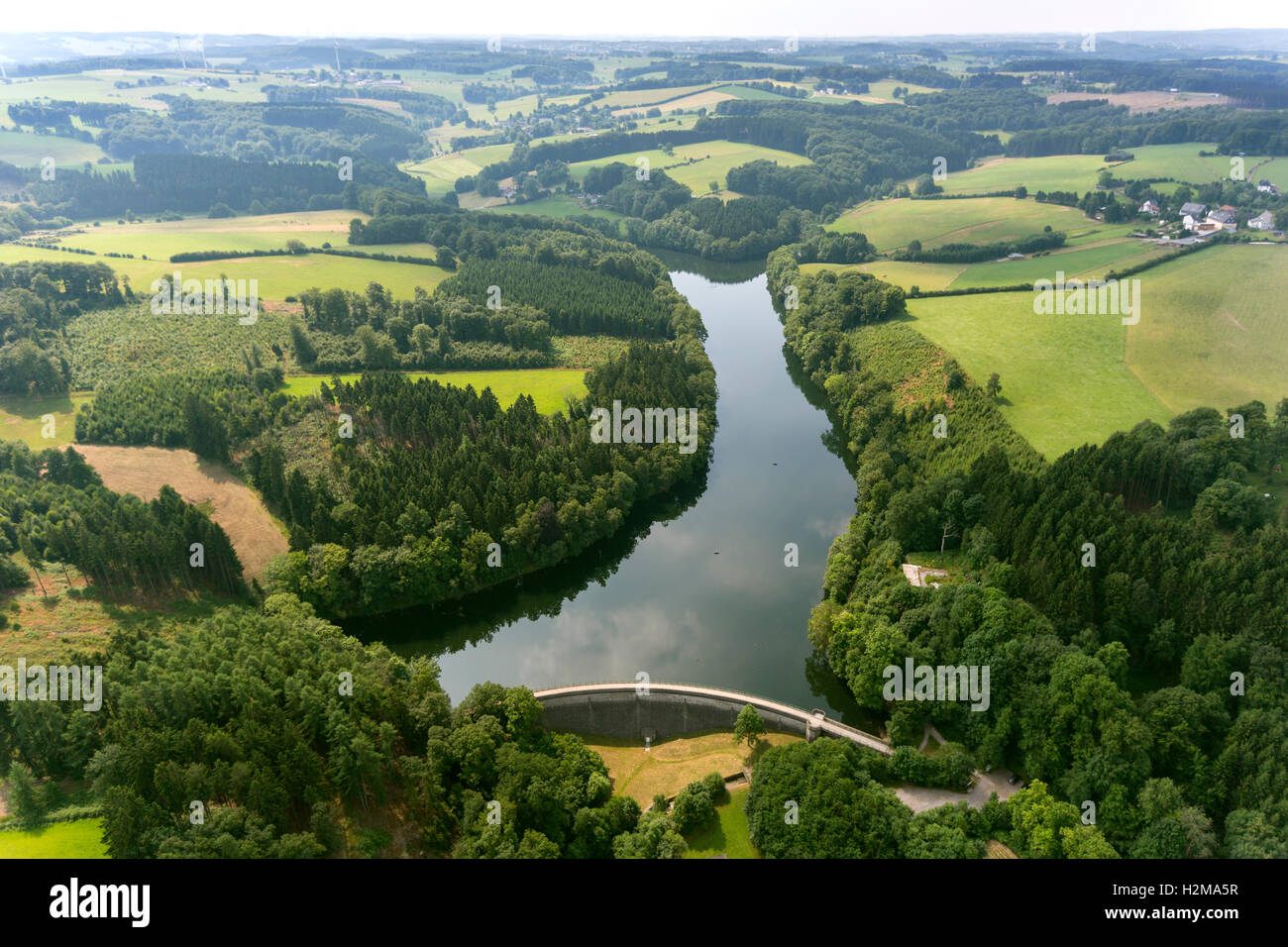 Aerial view, dam at the Ennepe, stausee, dam, island, forest, nature, deciduous forest, aerial view of Ennepetal, Ruhr area, Stock Photo