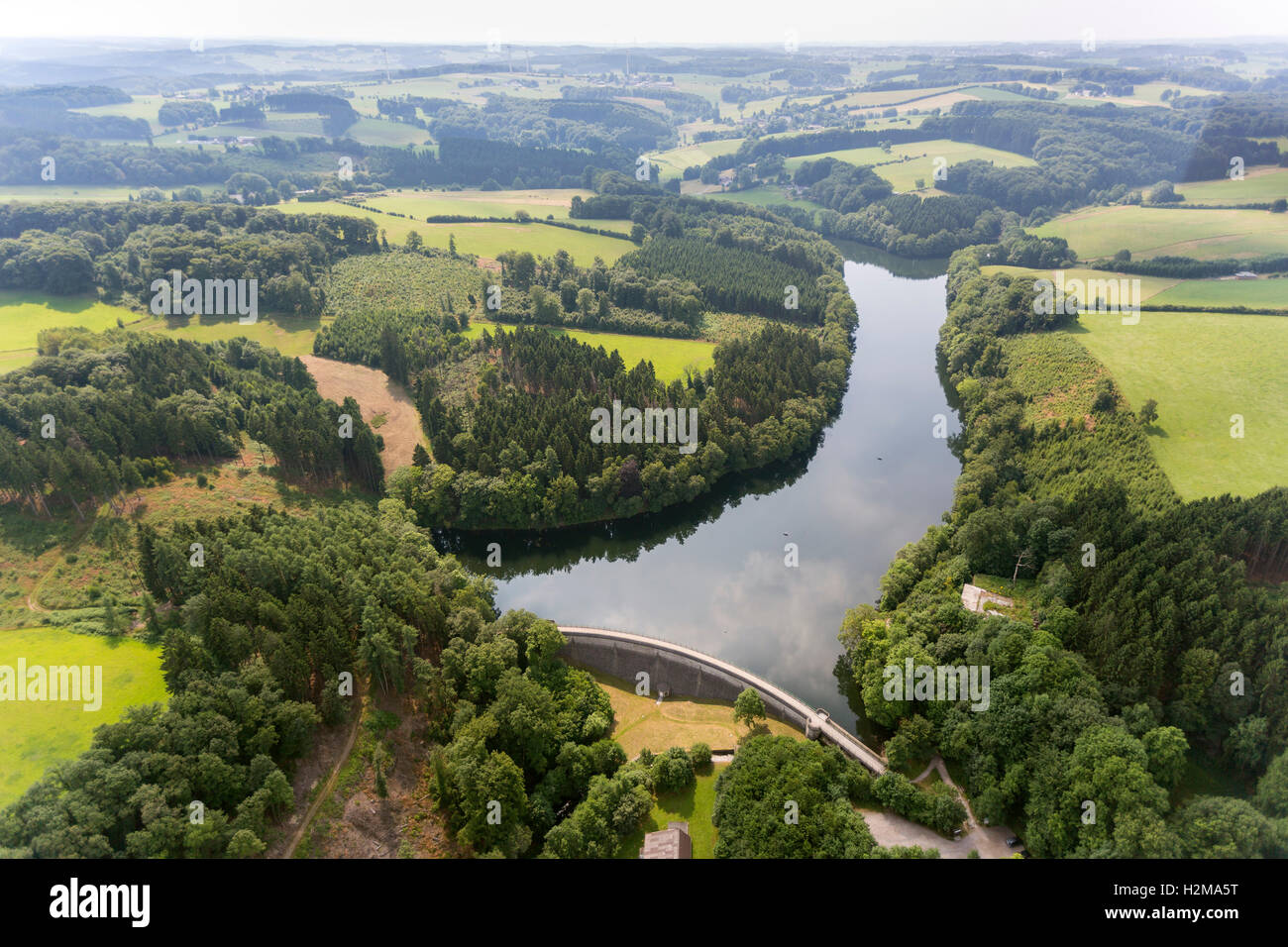 Aerial view, dam at the Ennepe, stausee, dam, island, forest, nature, deciduous forest, aerial view of Ennepetal, Ruhr area, Stock Photo