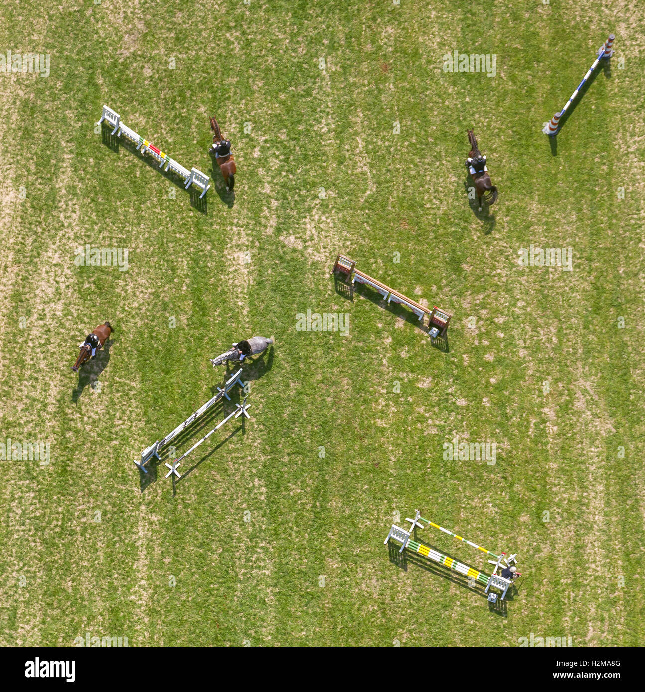 Aerial view, obstacles in the arena, Horse-riding at the Reit u. Fahrverein Heessen e.V., aerial photo of Hamm, Ruhr area, Stock Photo