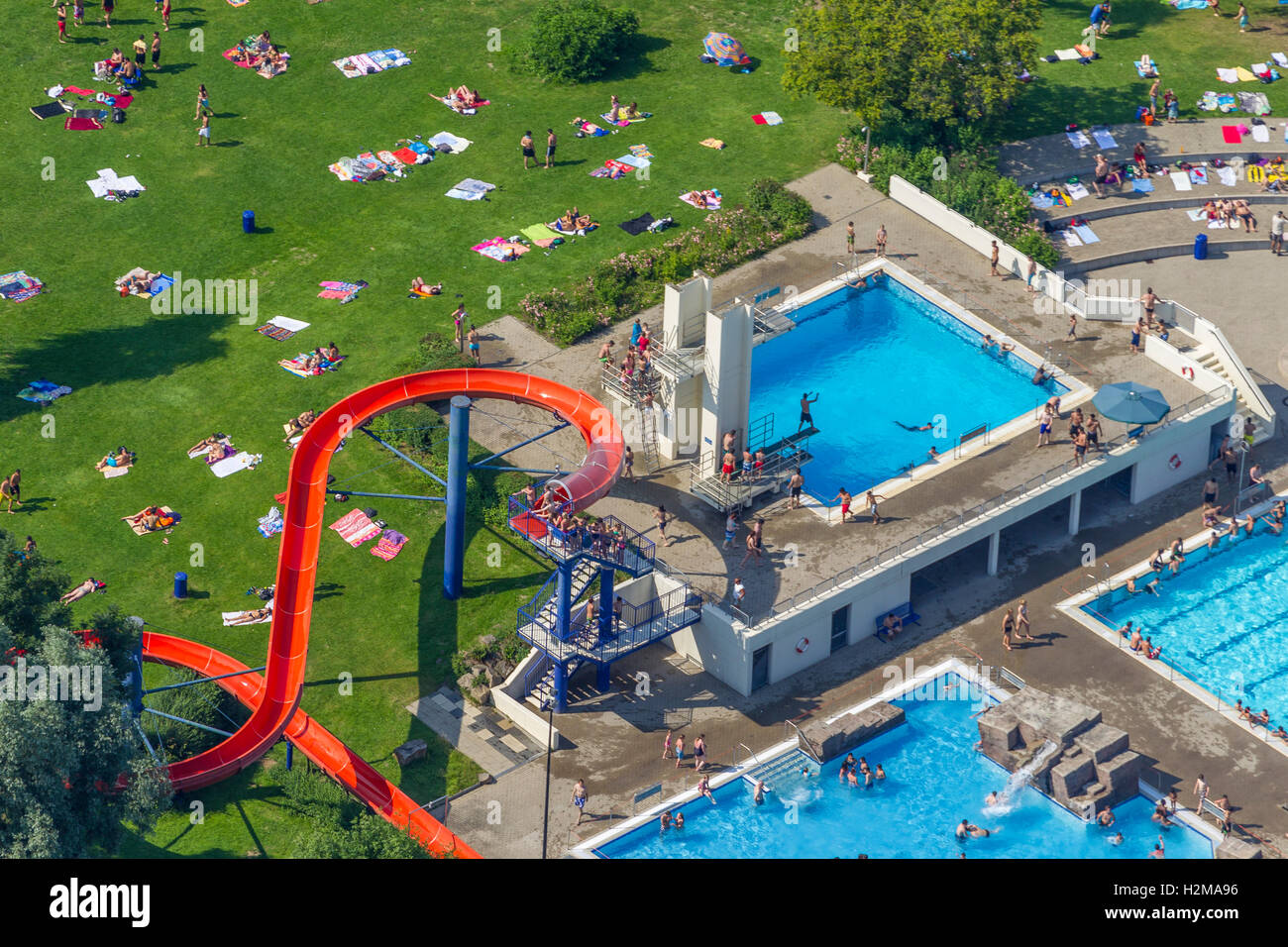 Aerial view, red slide, water slide, pool, Herdecke, Ruhr, Nordrhein-Westfalen, Germany, Europe, Aerial view of Herdecke, Stock Photo