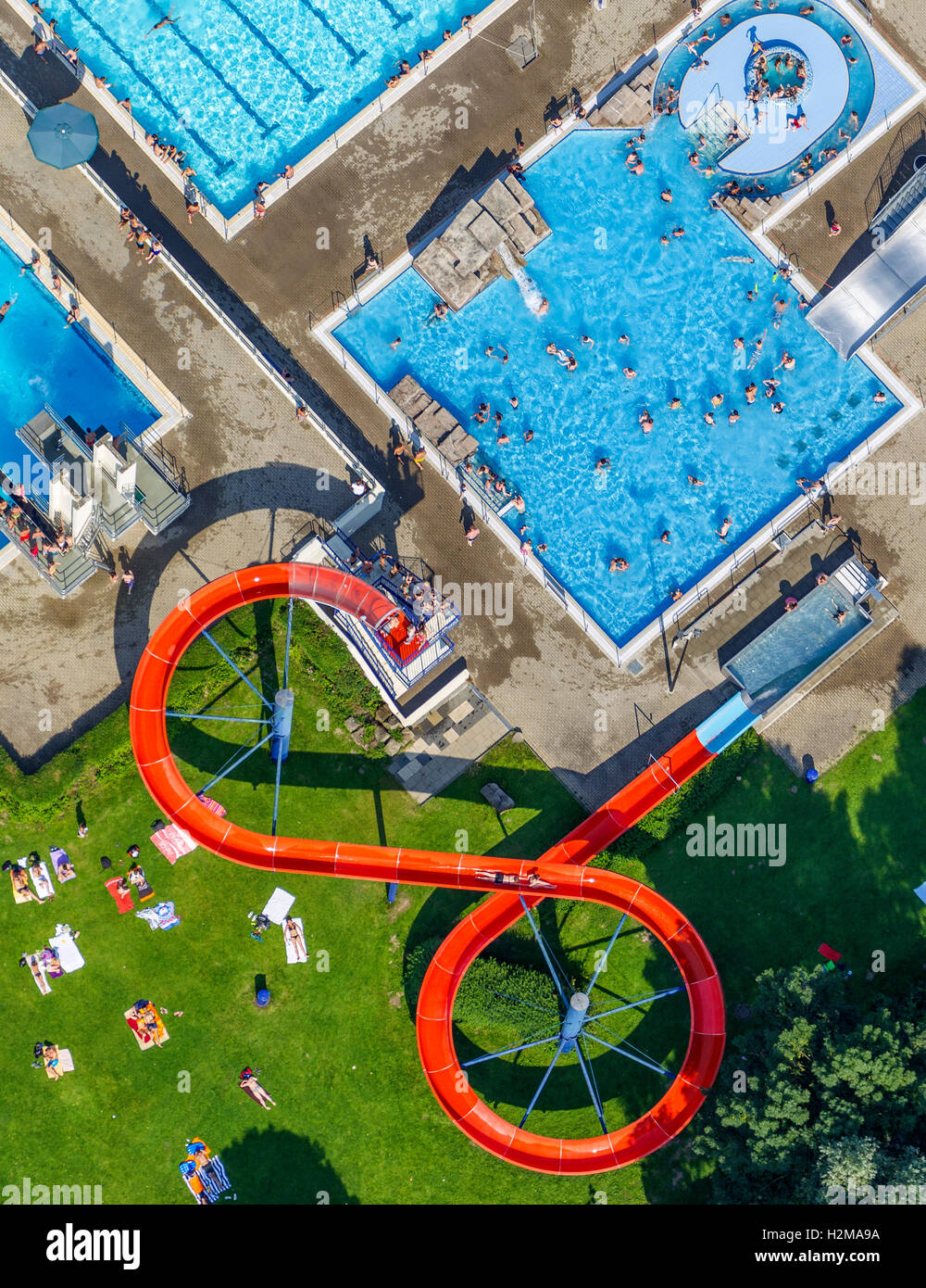 Aerial view, red slide, water slide, pool, Herdecke, Ruhr, Nordrhein-Westfalen, Germany, Europe, Aerial view of Herdecke, Stock Photo