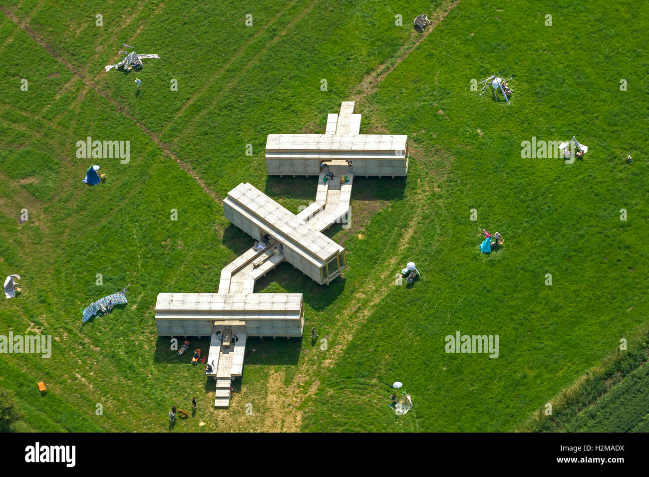 Aerial picture, art container of the artist WAI WAI in Oberhausen with art tents, Oberhausen, Ruhr area, North Rhine-Westphalia, Stock Photo