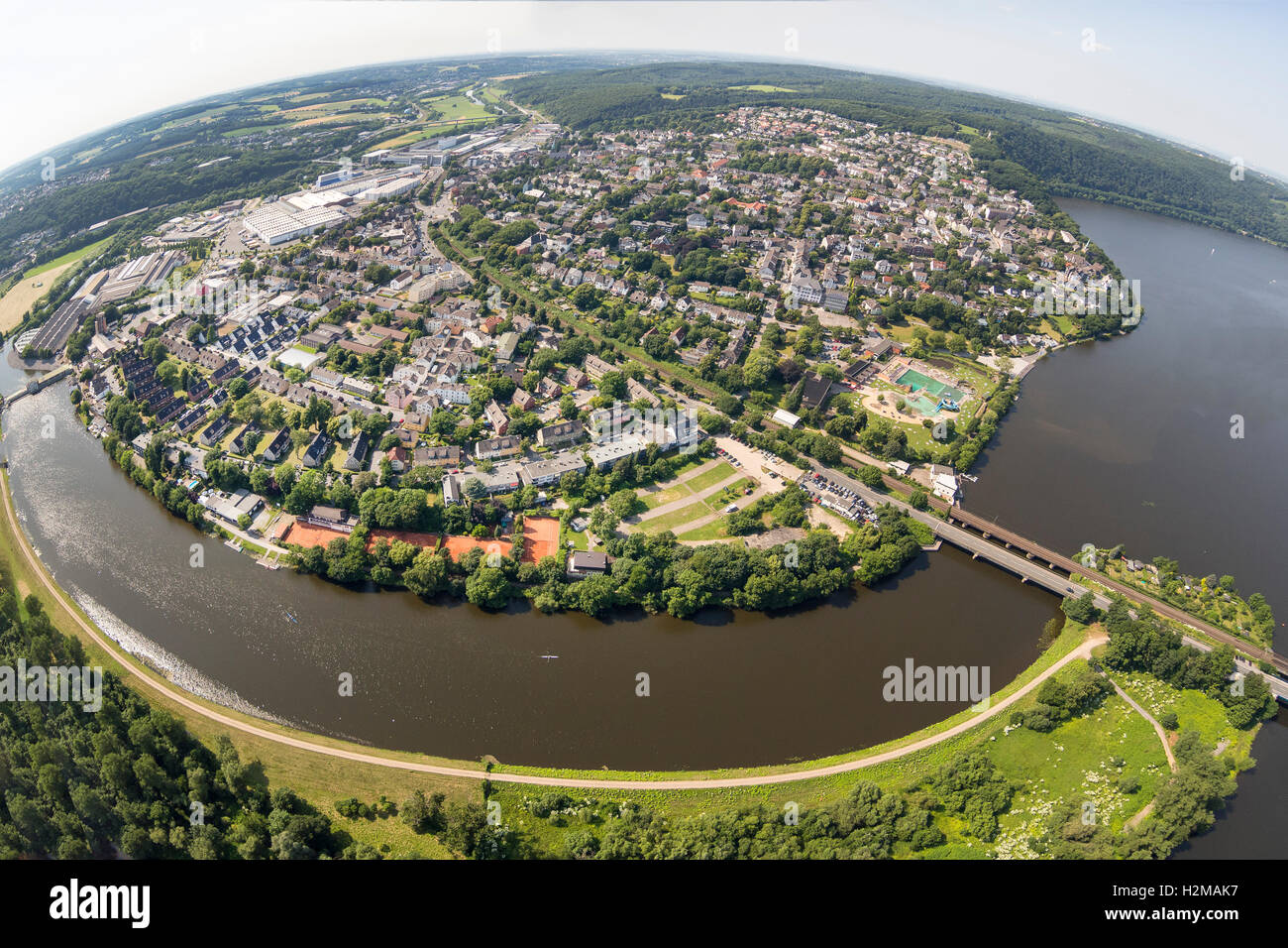Aerial view, Ruhr river, Ruhrbogen, city overview with Obergraben and