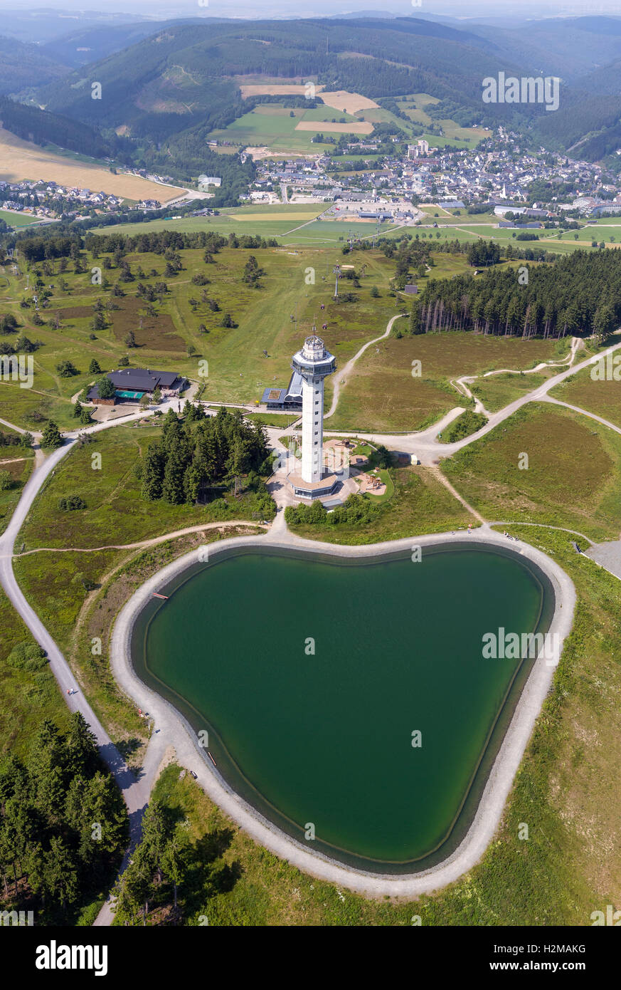 Aerial view, water storage, Tower Hochheideturm, Effelsberg, Willingen (Upland), Hochsauerland region, Willingen, Lake Diemelsee Stock Photo
