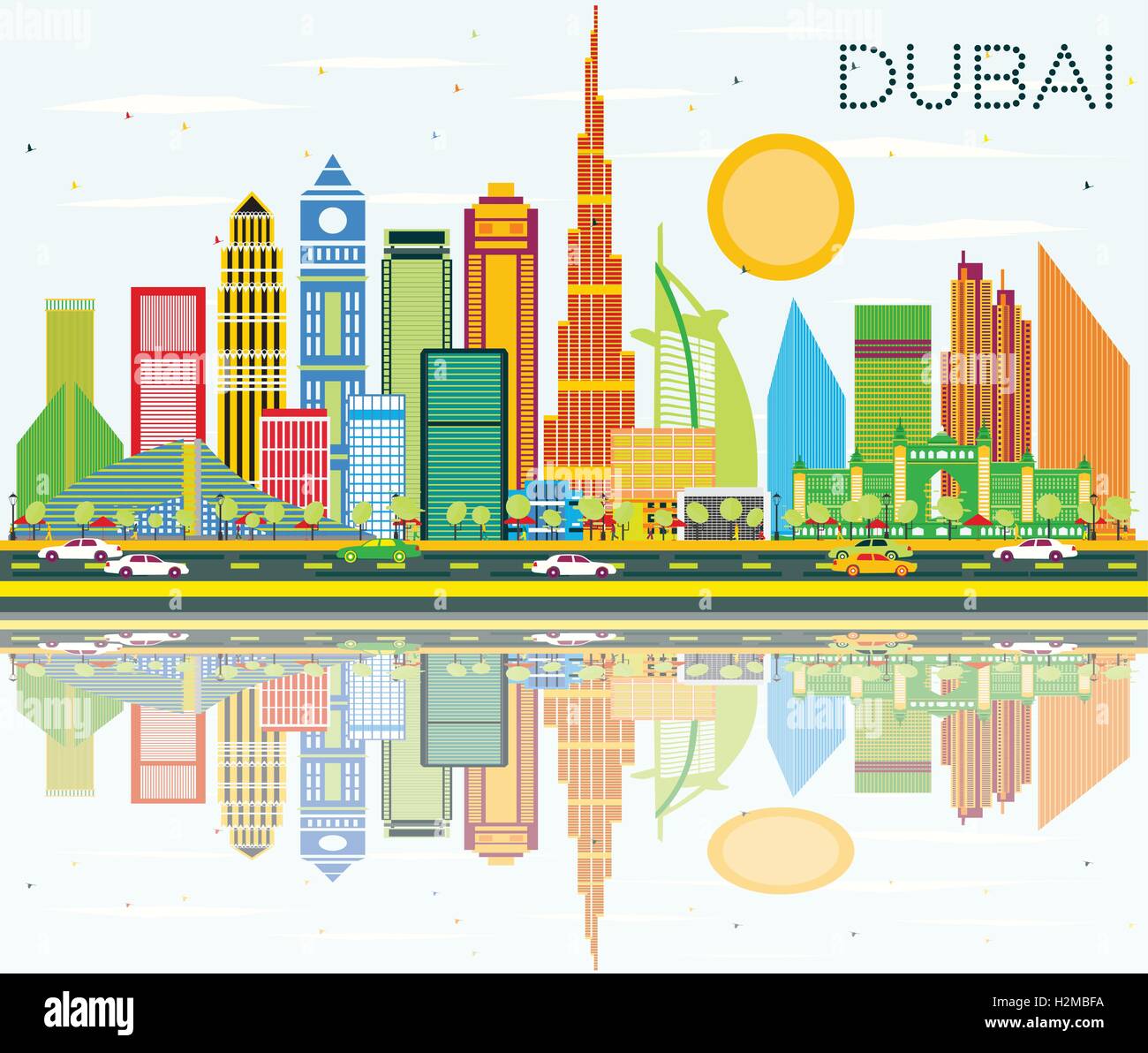 Dubai Skyline with Color Buildings, Blue Sky and Reflection. Vector Illustration. Business Travel and Tourism Concept with Dubai Stock Vector