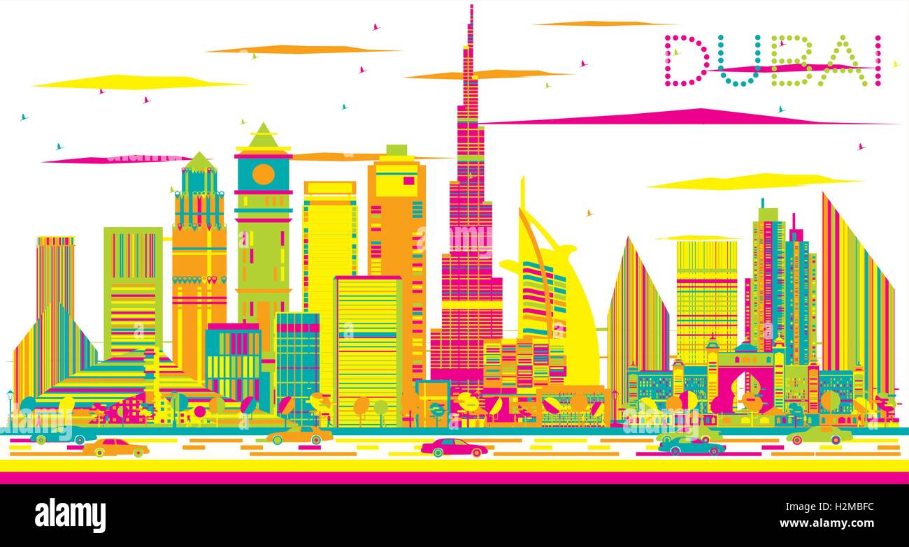 Abstract Dubai Skyline with Color Buildings. Vector Illustration. Business Travel and Tourism Concept with Modern Architecture. Stock Vector