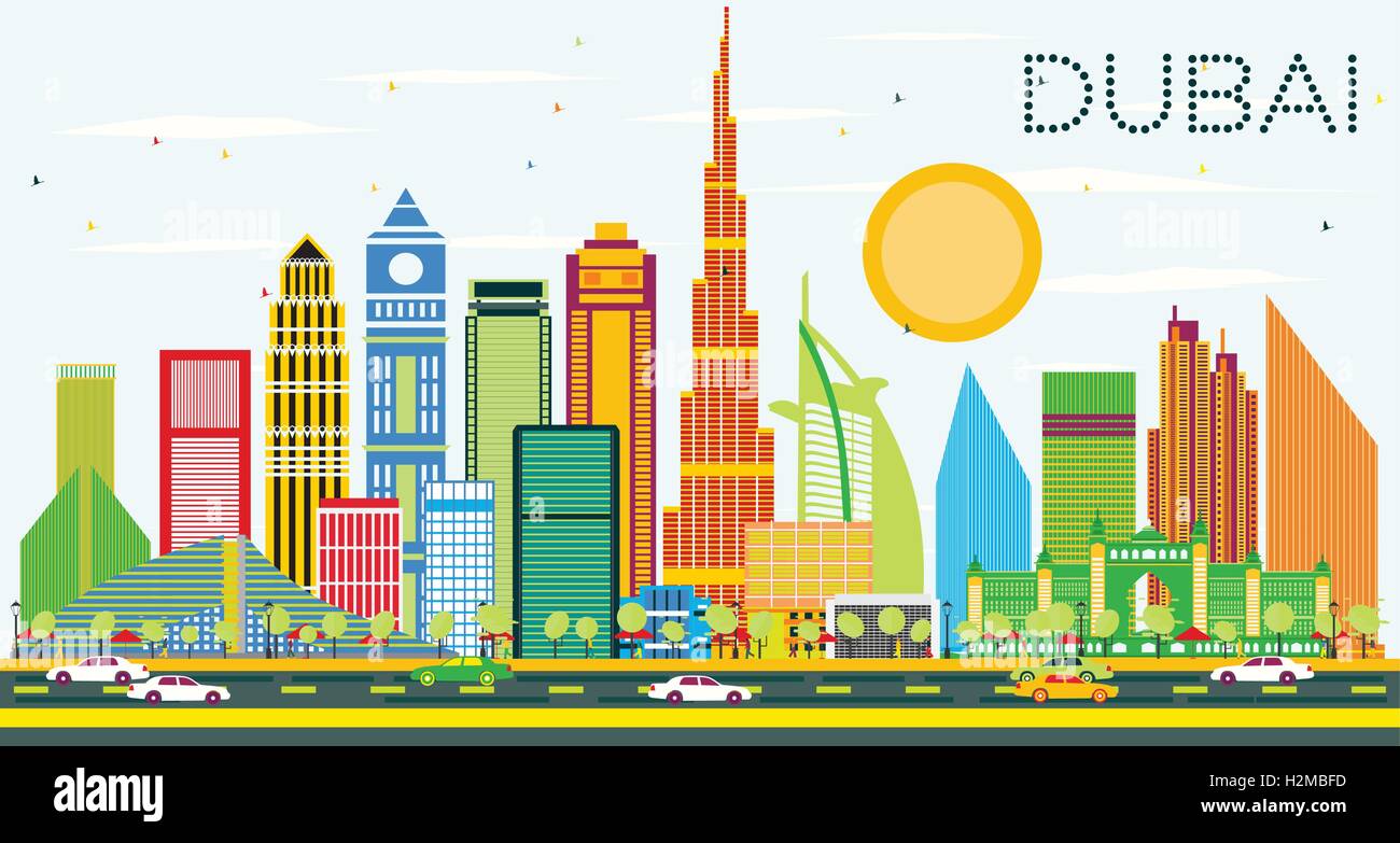 Dubai Skyline with Color Buildings and Blue Sky. Vector Illustration. Business Travel and Tourism Concept Stock Vector