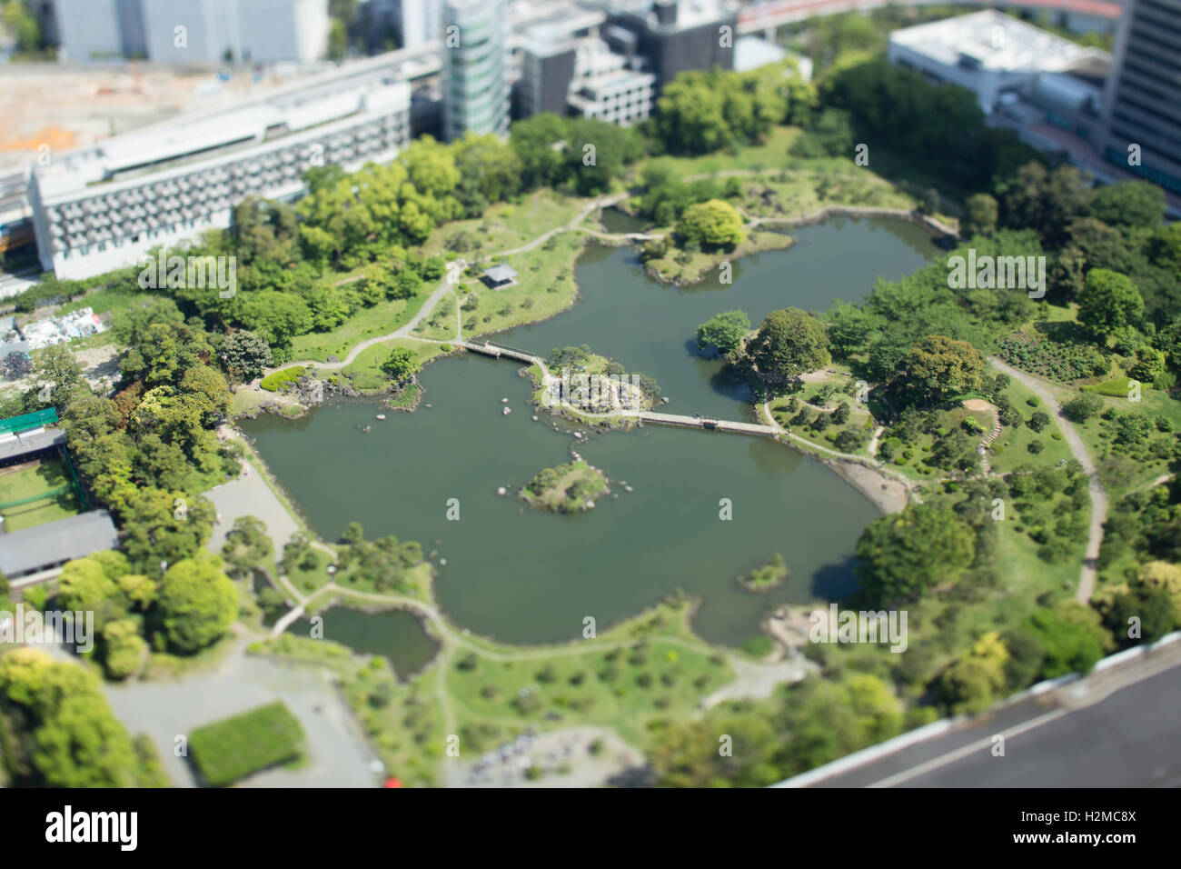 Tilt-shift bird's eye view of Old Shiba-Rikyu Garden, Tokyo, Japan Stock Photo