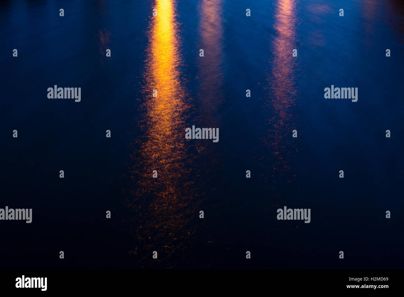 City lights rippling on the surface of a body of water at night Stock ...