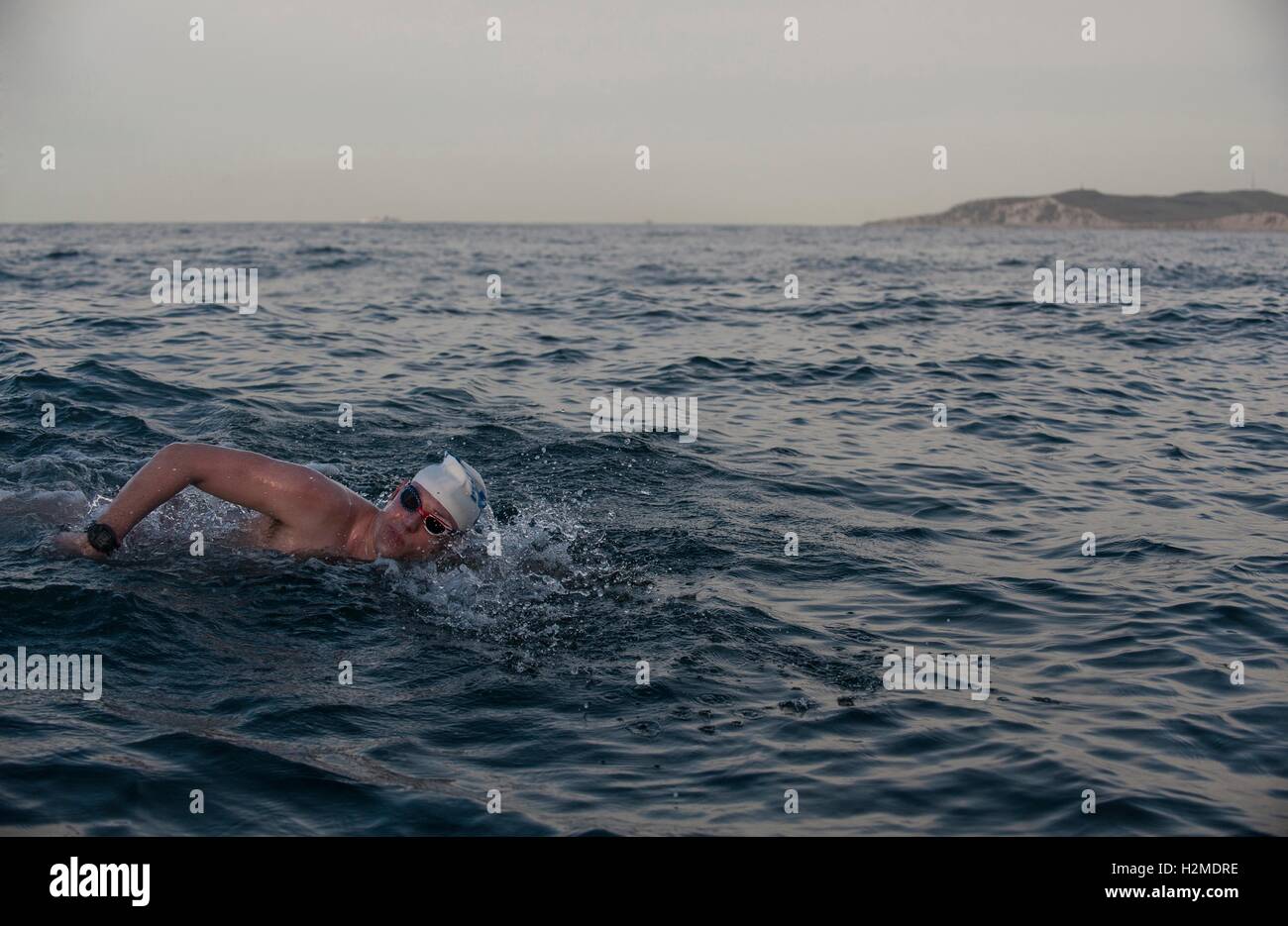 U.S. Air Force doctor Casey Brown swims across the English Channel September 26, 2016 from Dover, United Kingdom to the French shoreline. Stock Photo