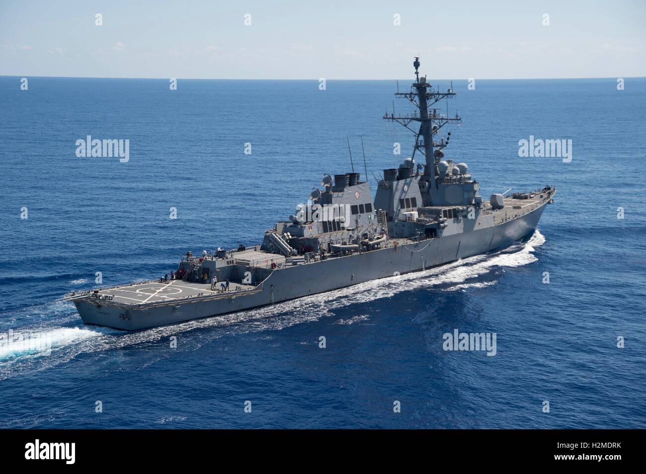 The USN Arleigh Burke-class guided-missile destroyer USS Carney steams underway while on a routine patrol during deployment September 23, 2016 in the Mediterranean Sea. Stock Photo