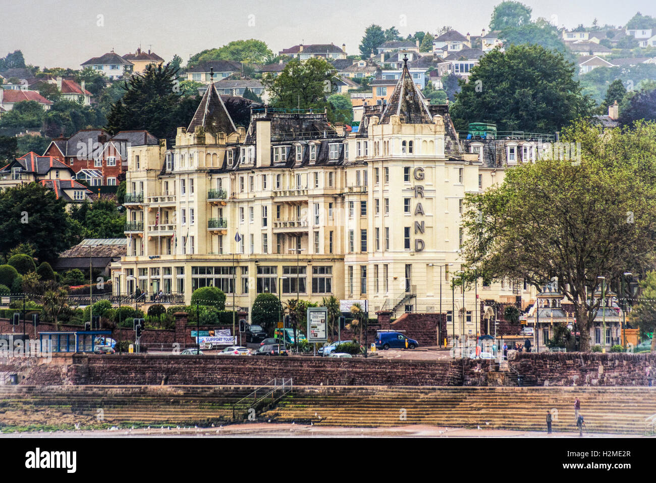 Photograph of the Grand Hotel in Torquay Devon taken from the beach area capturing the front of the hotel. Stock Photo