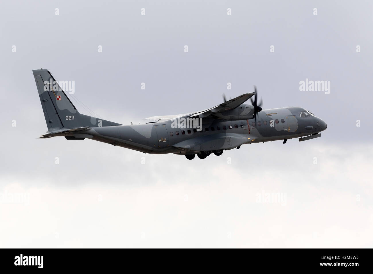 Polish Air Force CASA C-295M [023] support aircraft for the Polish Team attending the airshow departing runway 05. Stock Photo