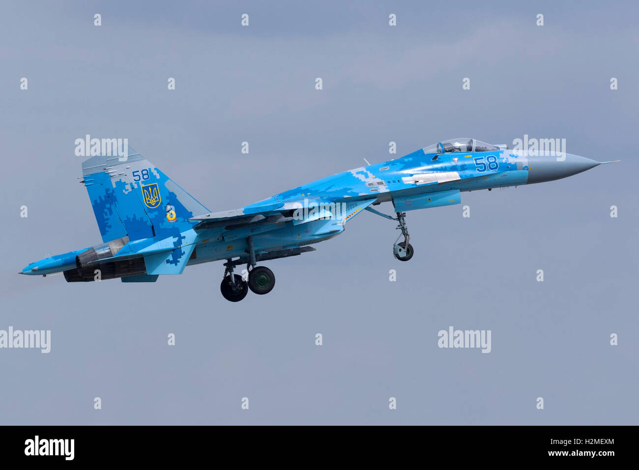 Ukrainian Air Force Sukhoi Su-27 departing after the airshow is over. Stock Photo