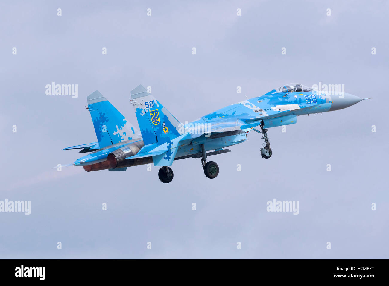 Two Ukrainian Air Force Sukhoi Su-27'departing together after the airshow is over. Stock Photo