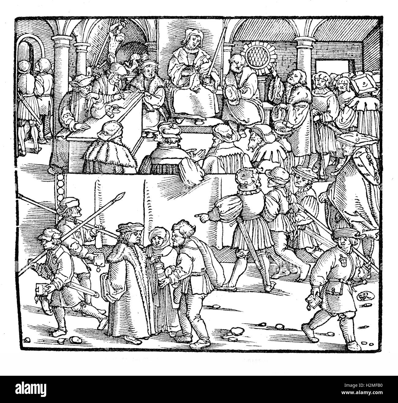 Justice and punishment administration in Strasbourg,  engraving from 1530 Stock Photo