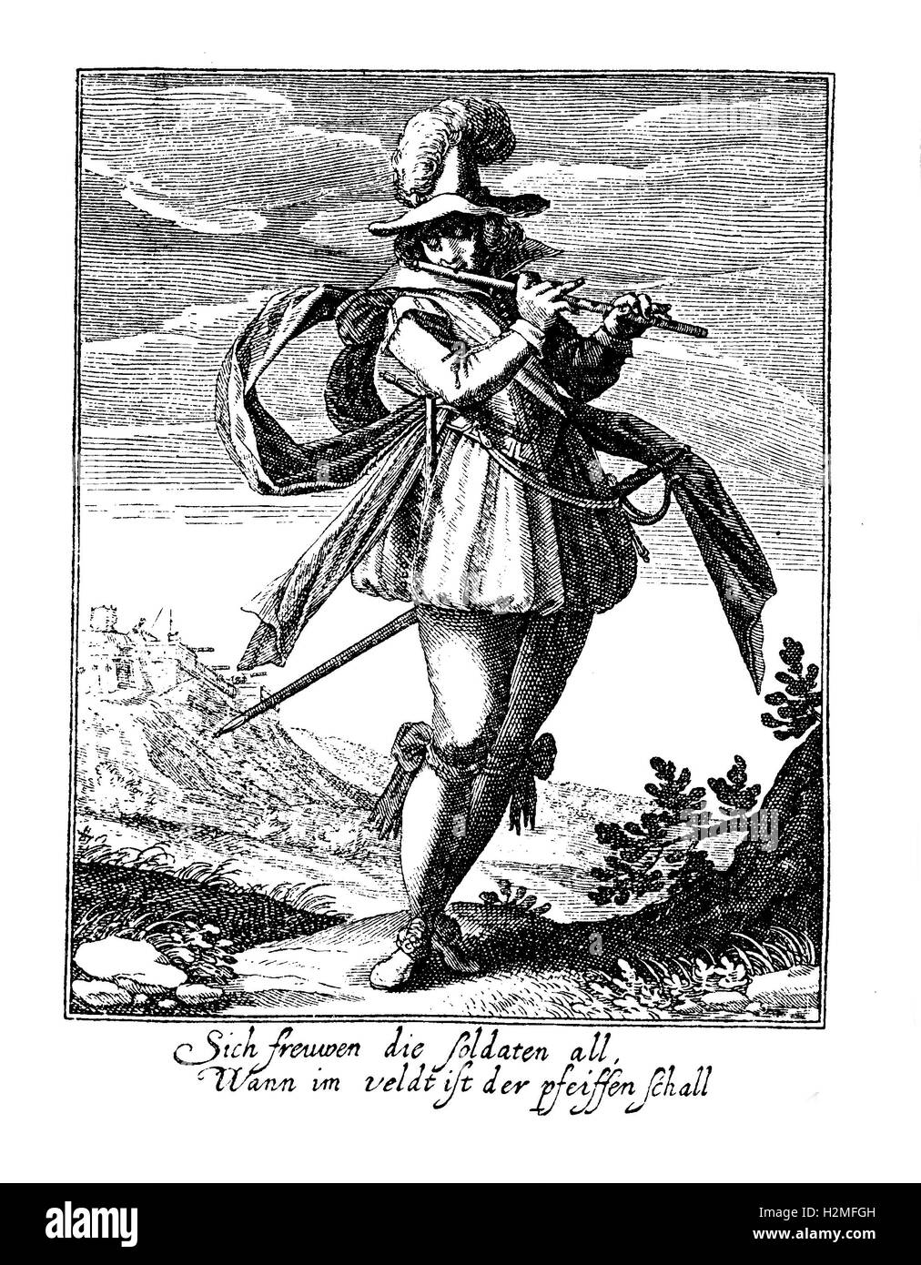 Thirty years war soldier with sword and flute, middle XVII century Stock Photo