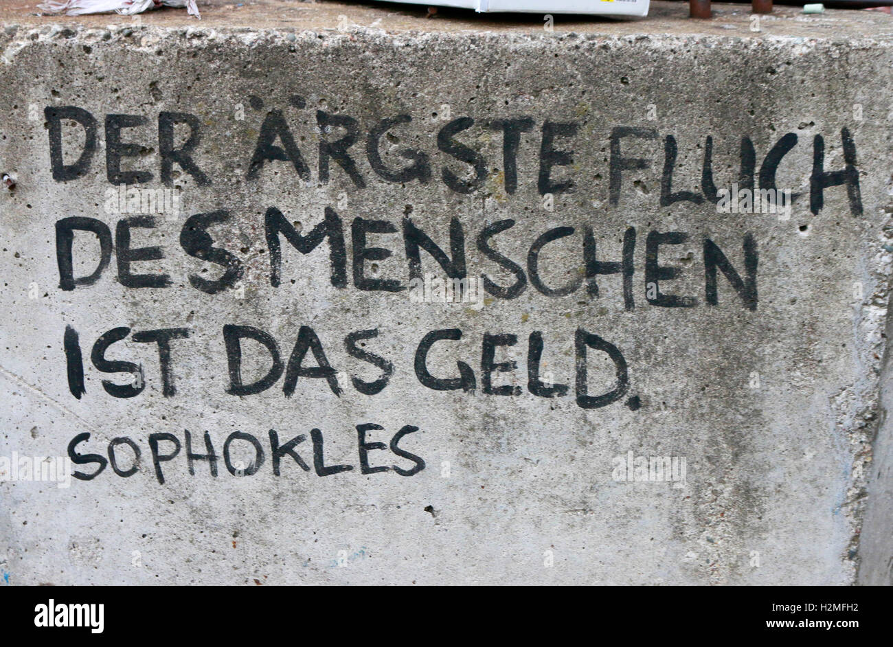 'Der aergste Fluch des Menschen ist das Geld', Berlin. Stock Photo