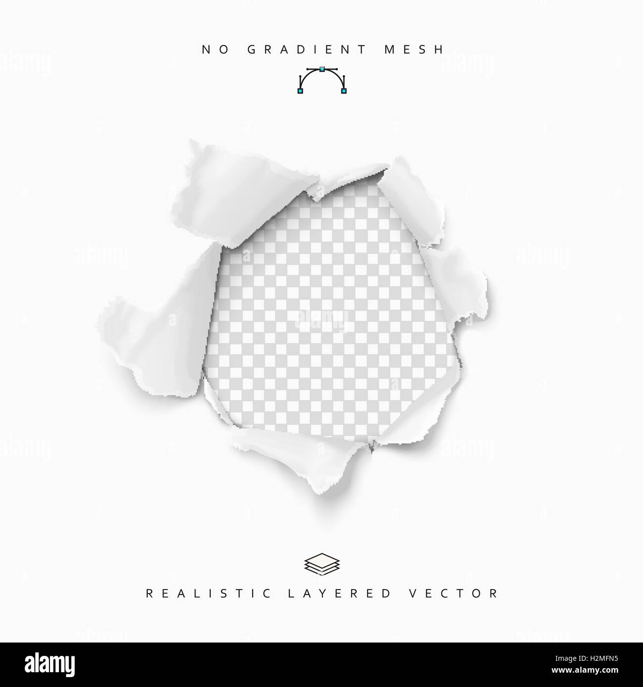 Torn paper realistic, hole in the sheet of papers on a transparent