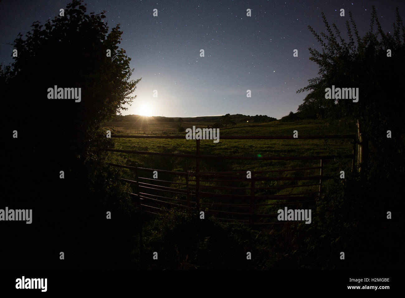 Gate and Moon Lit Field with Stars Stock Photo