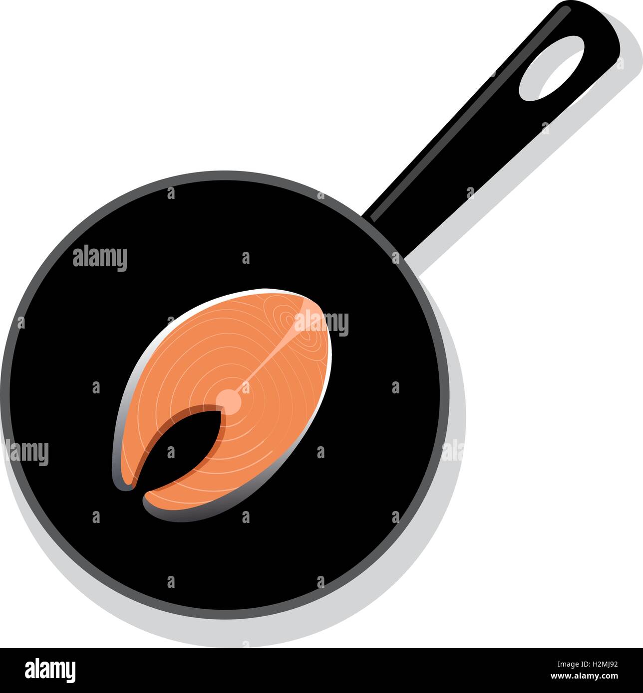 Raw salmon steak on a black round iron pan, vector Stock Vector