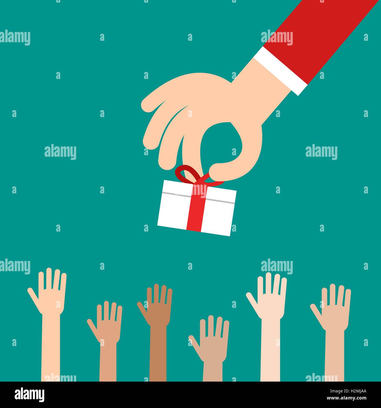 Hand putting gift box to many kids, Donation concept Stock Vector