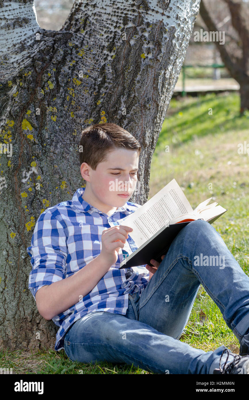 Shallow Reading Young boy reading a book in the woods with shallow depth of fiel Stock ...