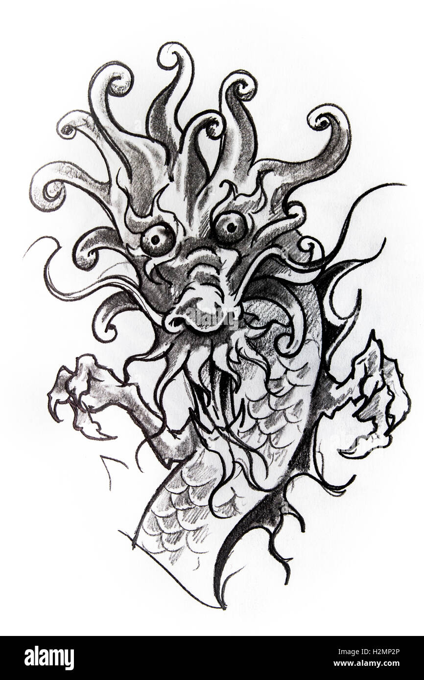 Fantasy dragon. Sketch of tattoo art, medieval monster Stock Photo - Alamy