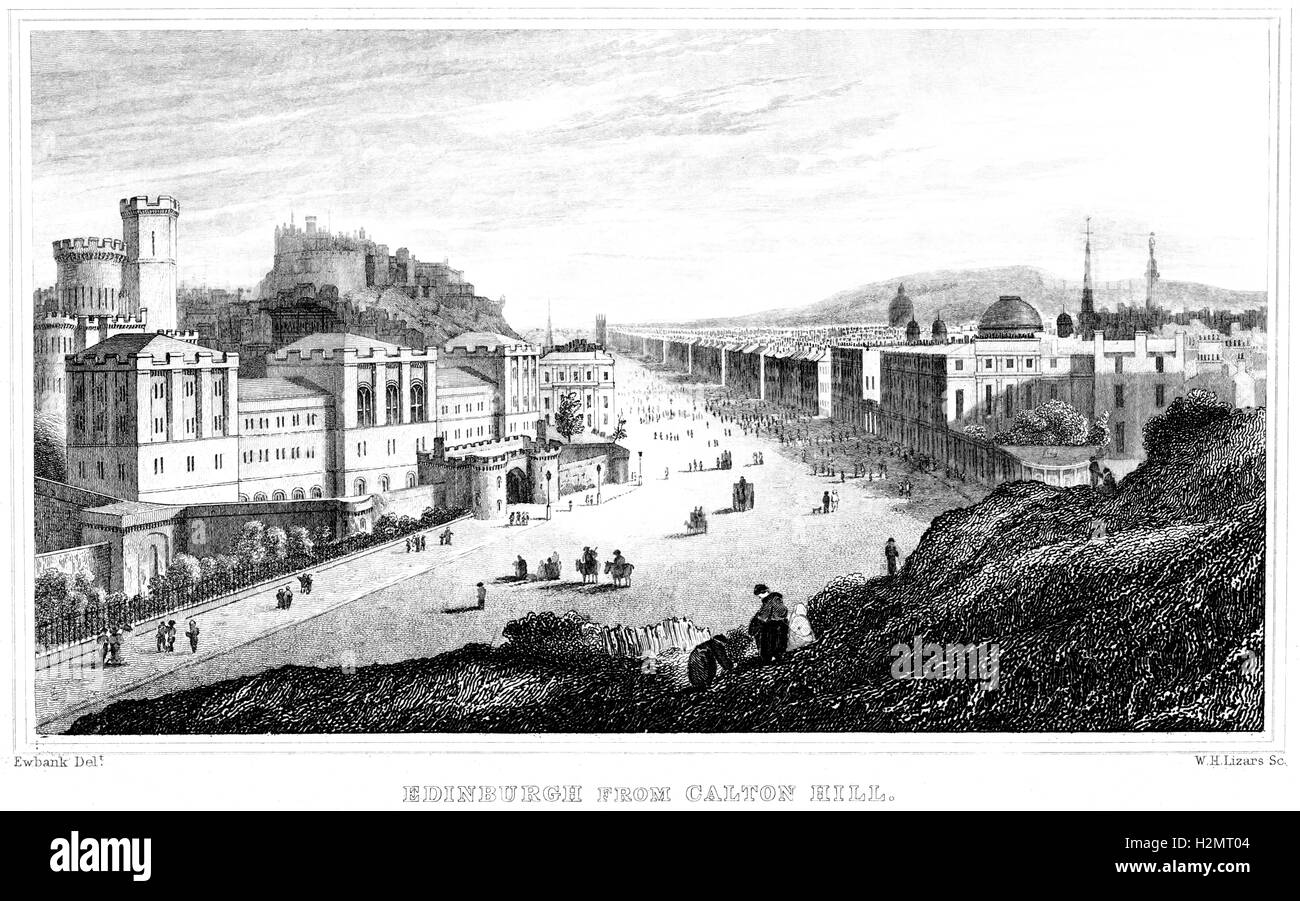 An engraving of Edinburgh from Calton Hill scanned at high resolution from a book printed in 1838. Believed copyright free. Stock Photo