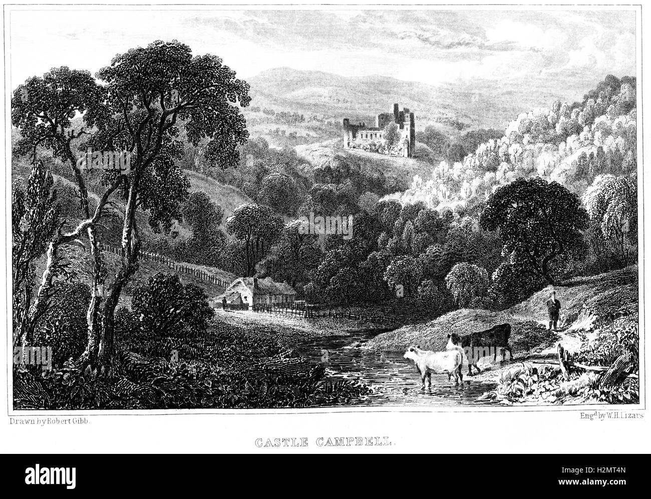 An engraving of Castle Campbell scanned at high resolution from a book ...