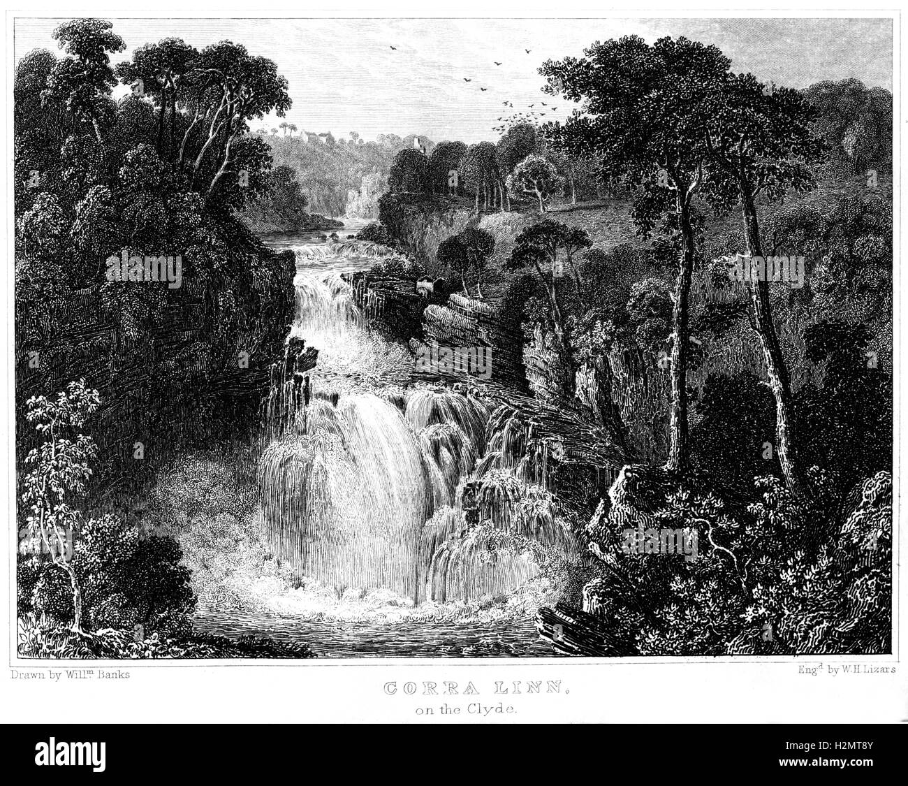 An engraving of Corra Linn (Corra Lynn) on The Clyde scanned at high resolution from a book printed in 1838. Believed copyright free. Stock Photo