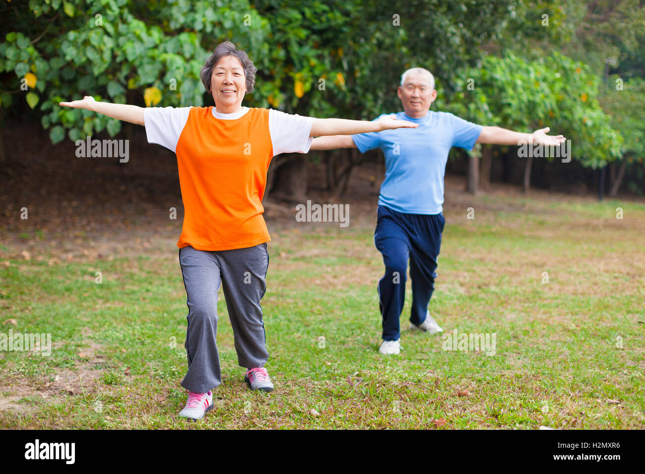 Active senior couple in the park doing gymnastics Stock Photo - Alamy