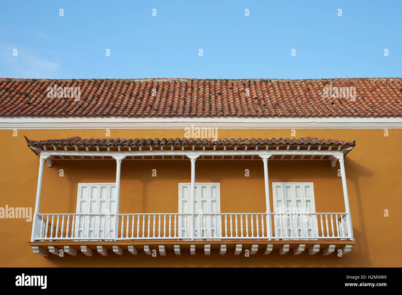 Traditional Spanish style colonial building in the historic old city of Cartagena in Colombia. Stock Photo