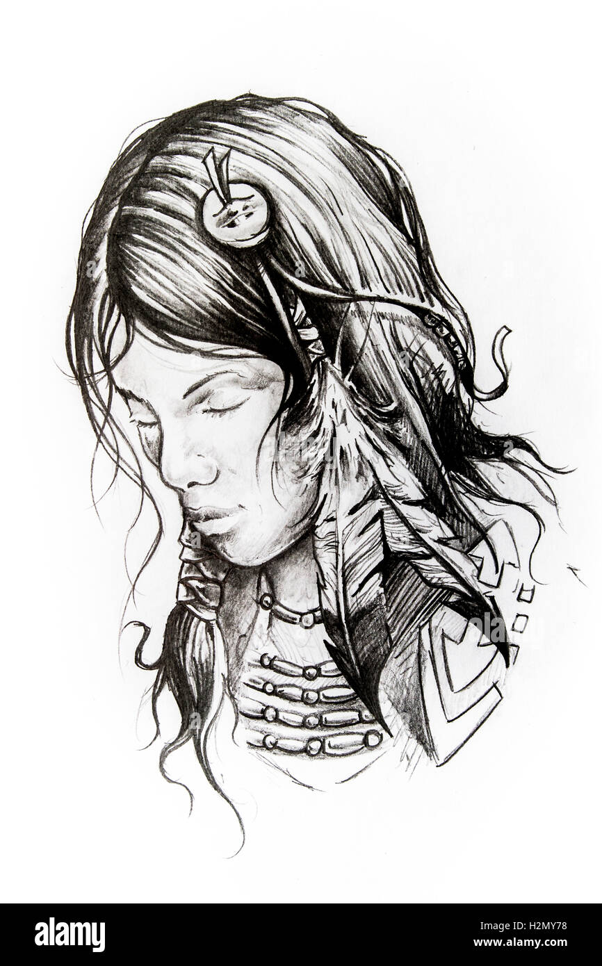 American indian woman head, sketch of tattoo Stock Photo - Alamy American indian woman head, sketch of tattoo Stock Photo - Alamy