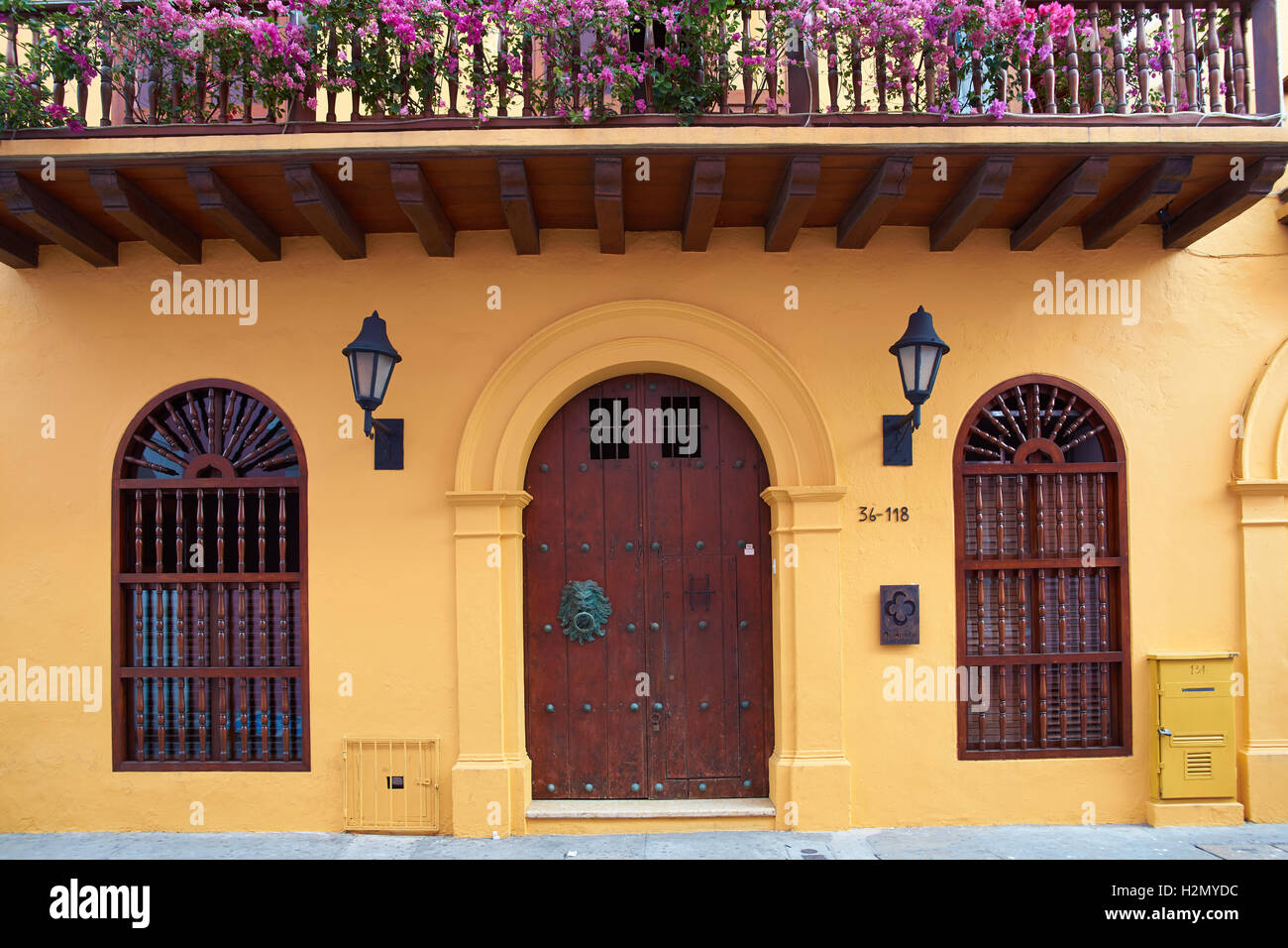 Historic colonial style house in old city of Cartagena de Indias in Colombia Stock Photo