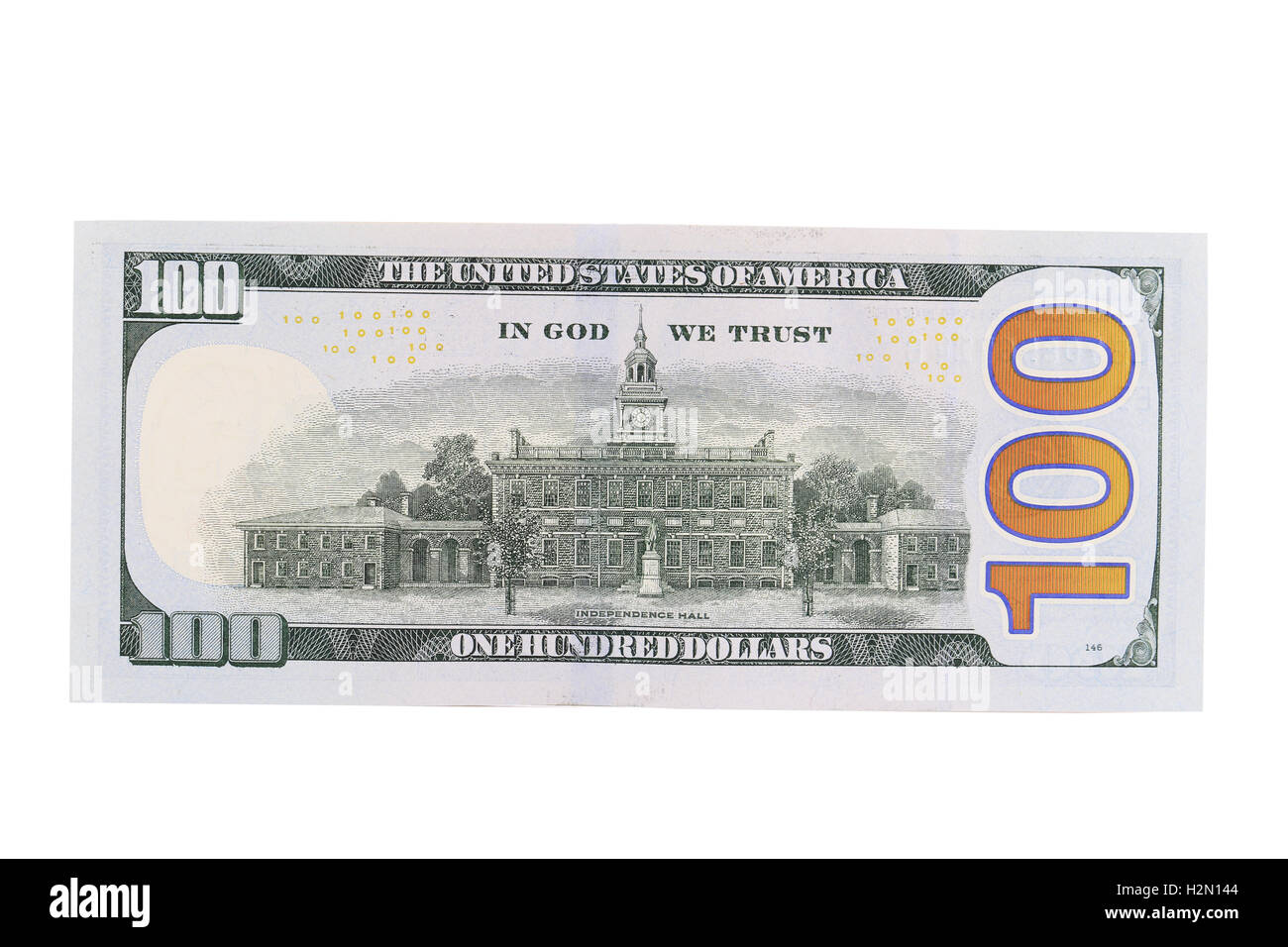 Back of new one hundred dollar bill. Stock Photo