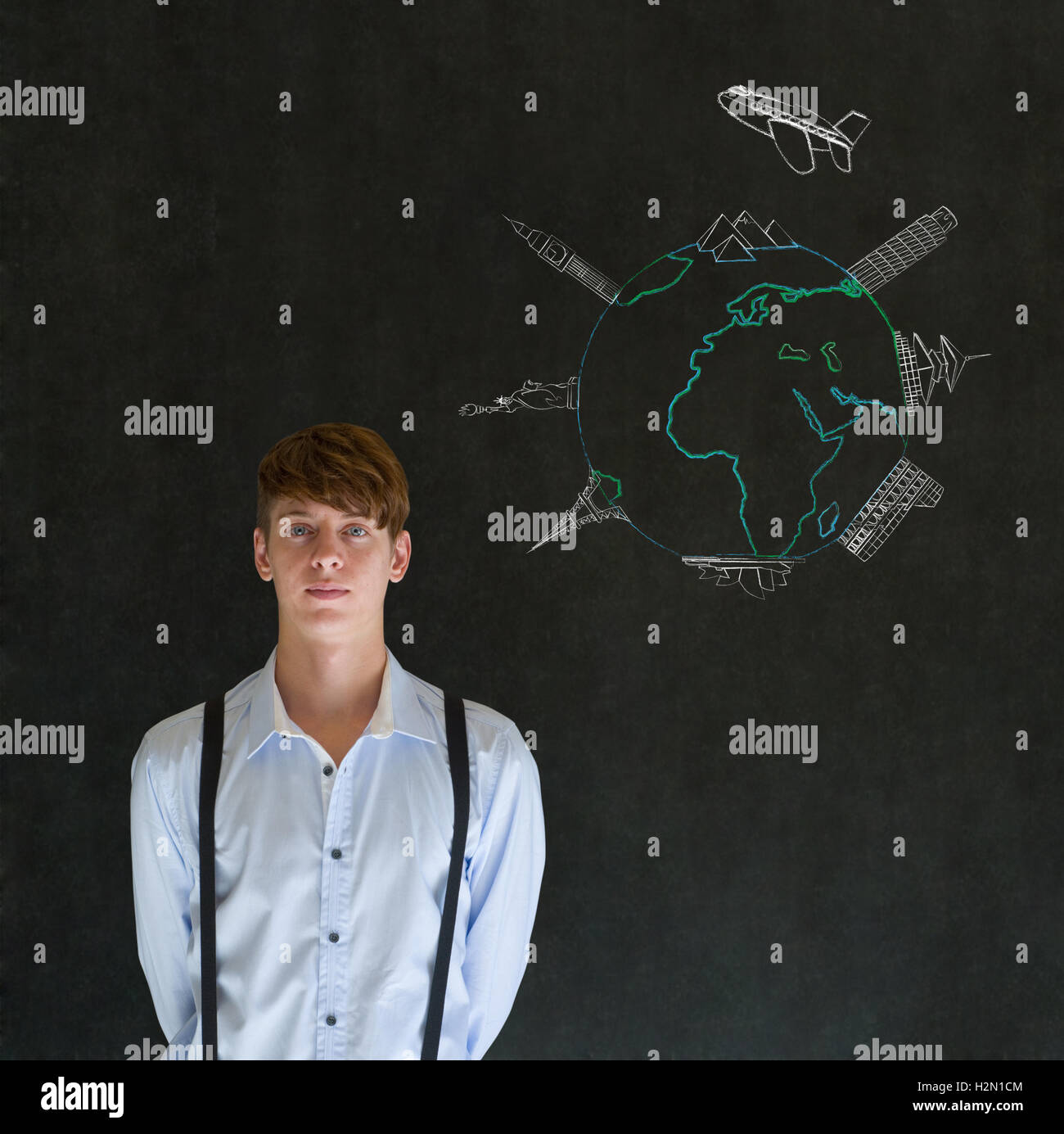 Business travel agent chalk airplane world globe with famous landmarks